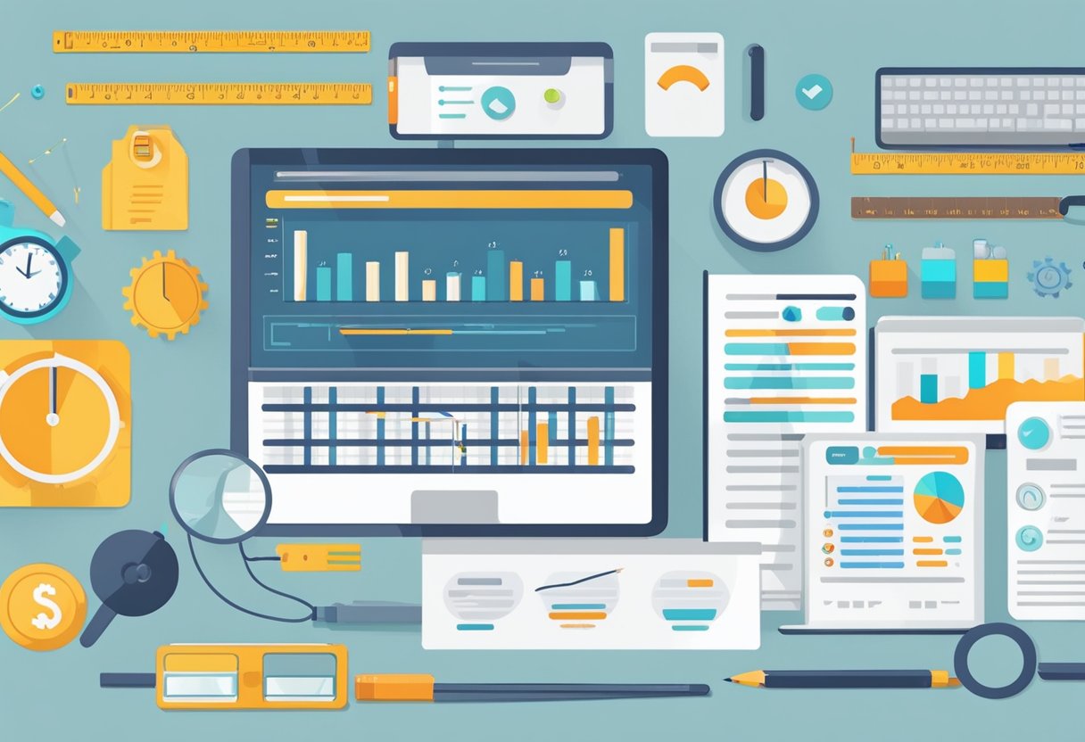 Keywords, traffic, and rankings are essential in measuring SEO success. A computer screen displays analytics data, while a ruler and calculator symbolize measurement