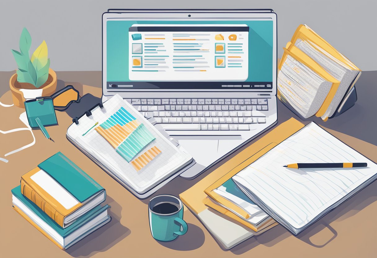 A computer screen displaying common SEO mistakes and myths with a stack of SEO books and a notepad with keyword research notes