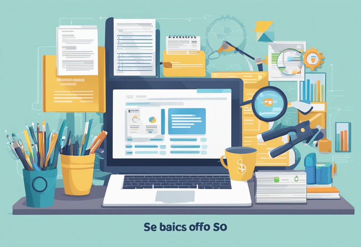 A computer screen displaying various SEO tools and resources with a book titled "The Basics of SEO" open on a desk