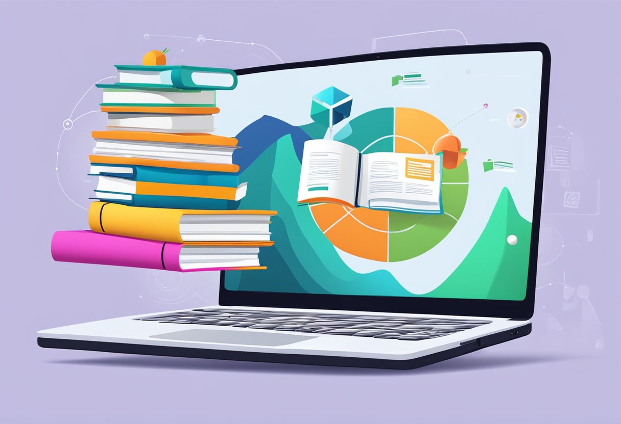 An open laptop displaying SEO trends and future directions with a stack of books on the side