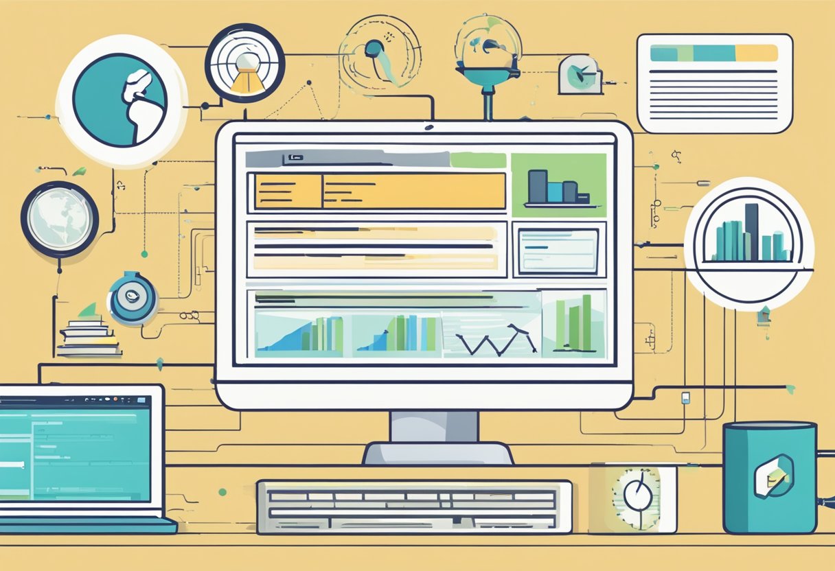 A computer screen displaying SEO basics with keywords, links, and content. A graph showing website traffic growth. A book titled "SEO Guide."