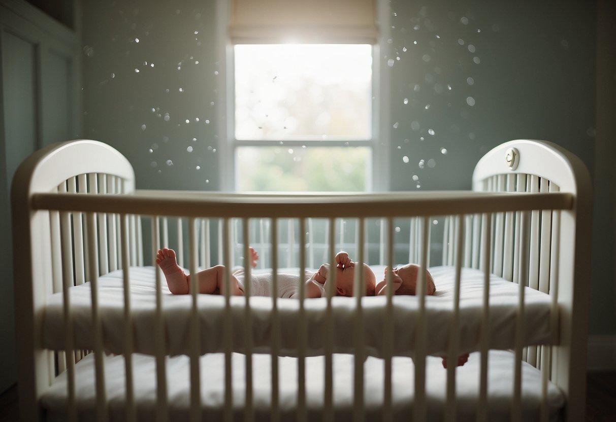 A baby lies peacefully in a secure crib as a parent showers nearby, ensuring newborn safety