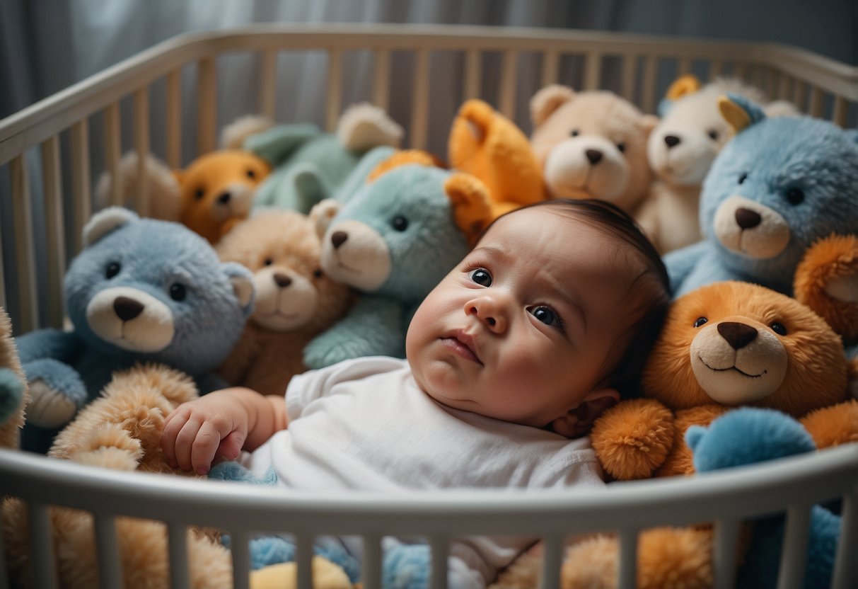 A baby lies in a crib, surrounded by soft toys. The sound of running water can be heard from the bathroom