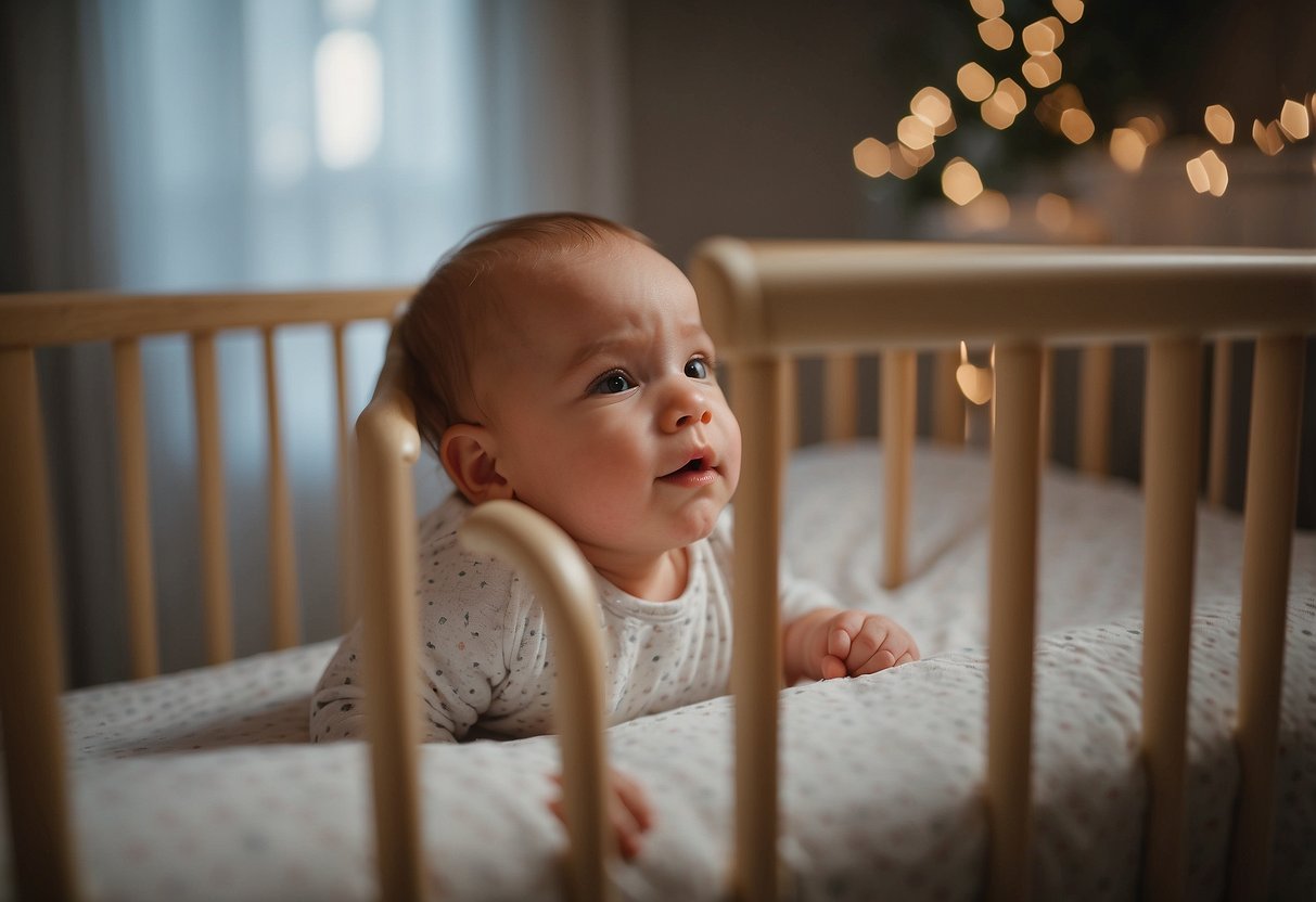 A baby lies peacefully in a crib while a parent showers nearby