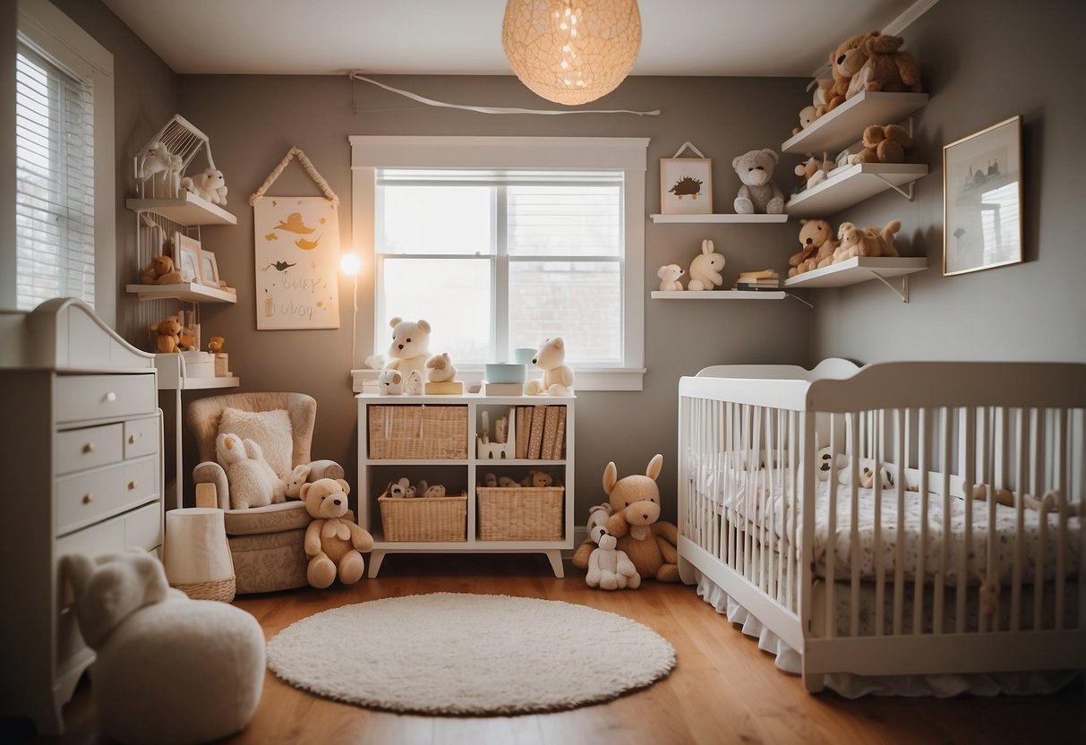 A cozy nursery with a crib, toys, and a rocking chair. A shelf of baby books and a mobile hanging from the ceiling