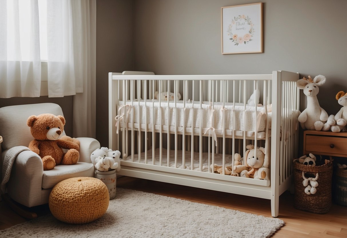 A cozy nursery with a crib, soft toys, and a rocking chair. A bottle warmer and diapers are neatly organized on a changing table