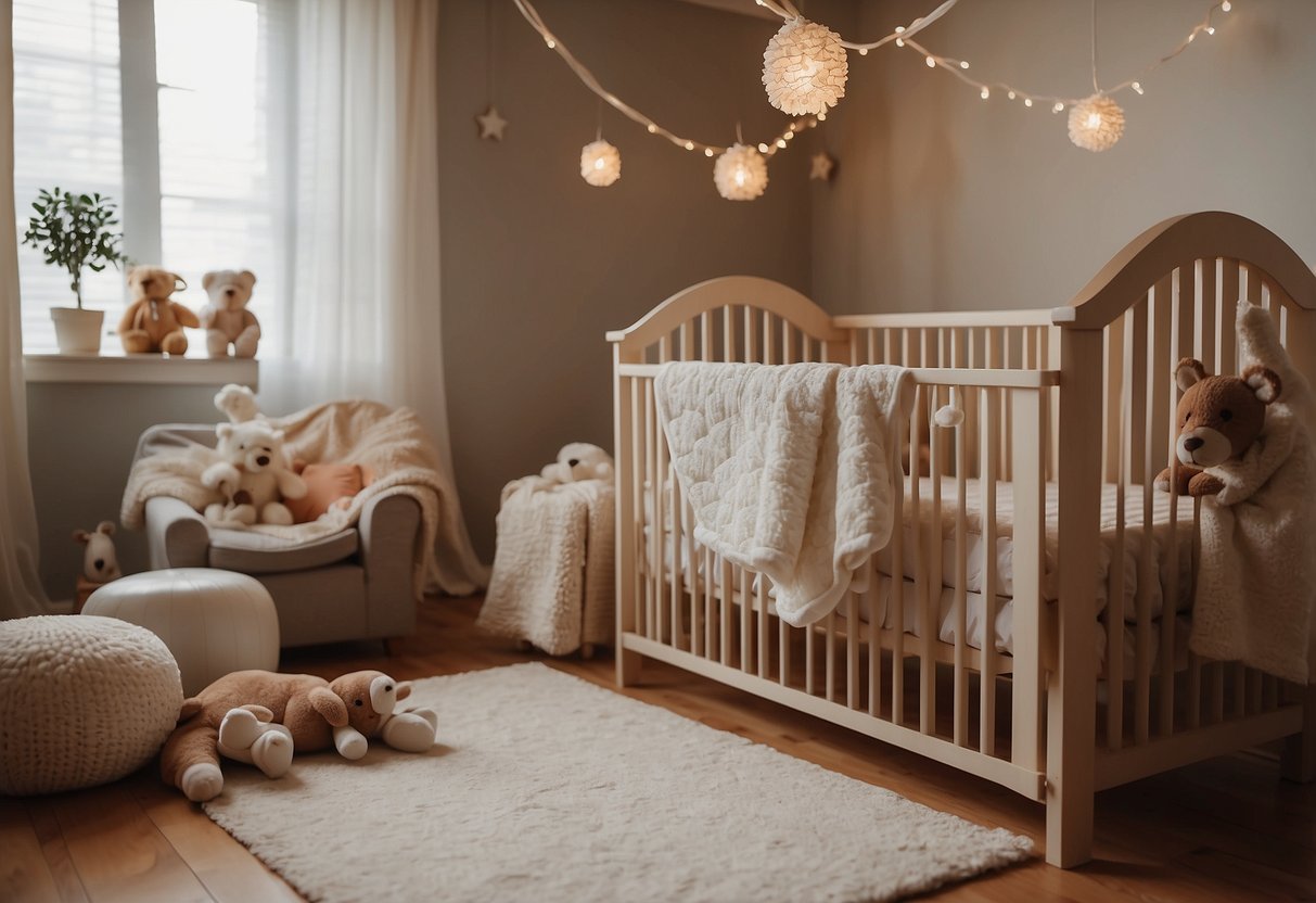 A crib sits in a cozy room, filled with soft blankets and toys. A bottle and diapers are laid out nearby, ready for use