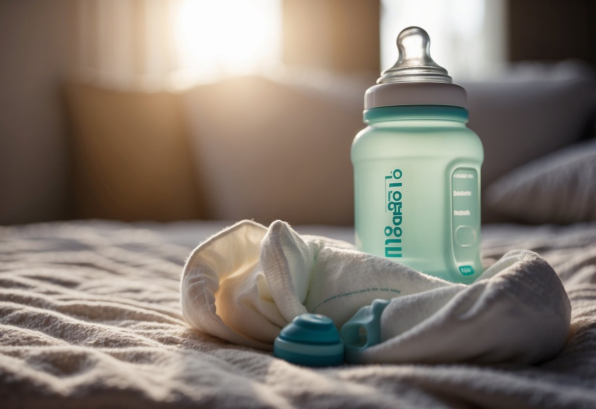 A baby's bottle sits on a cozy blanket next to a neatly folded stack of diapers. A soothing mobile hangs above, gently swaying in the soft light of the room