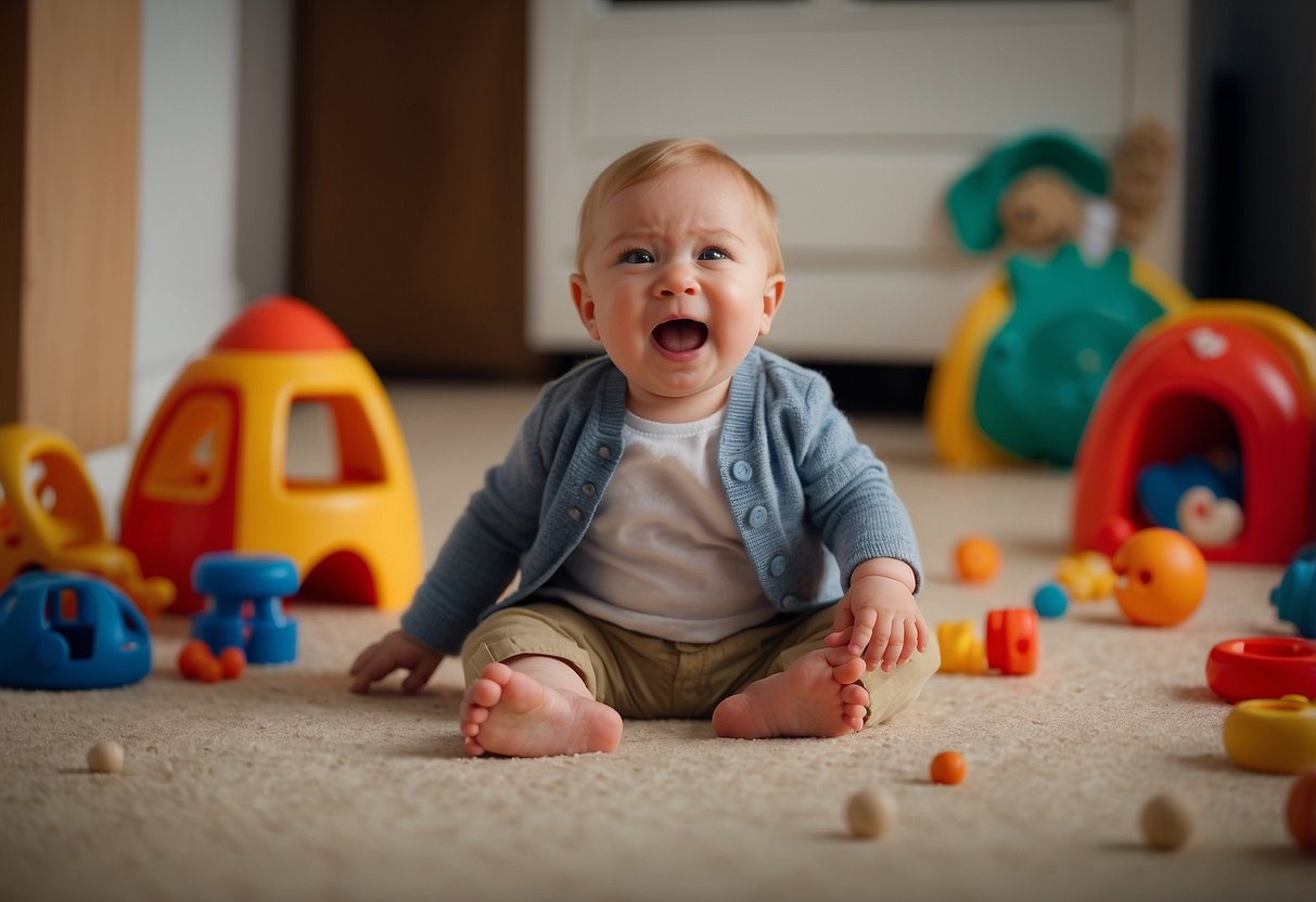 A 13-month-old toddler sits on the floor, red-faced and screaming. Toys are scattered around, and the child's caregiver looks on with a concerned expression