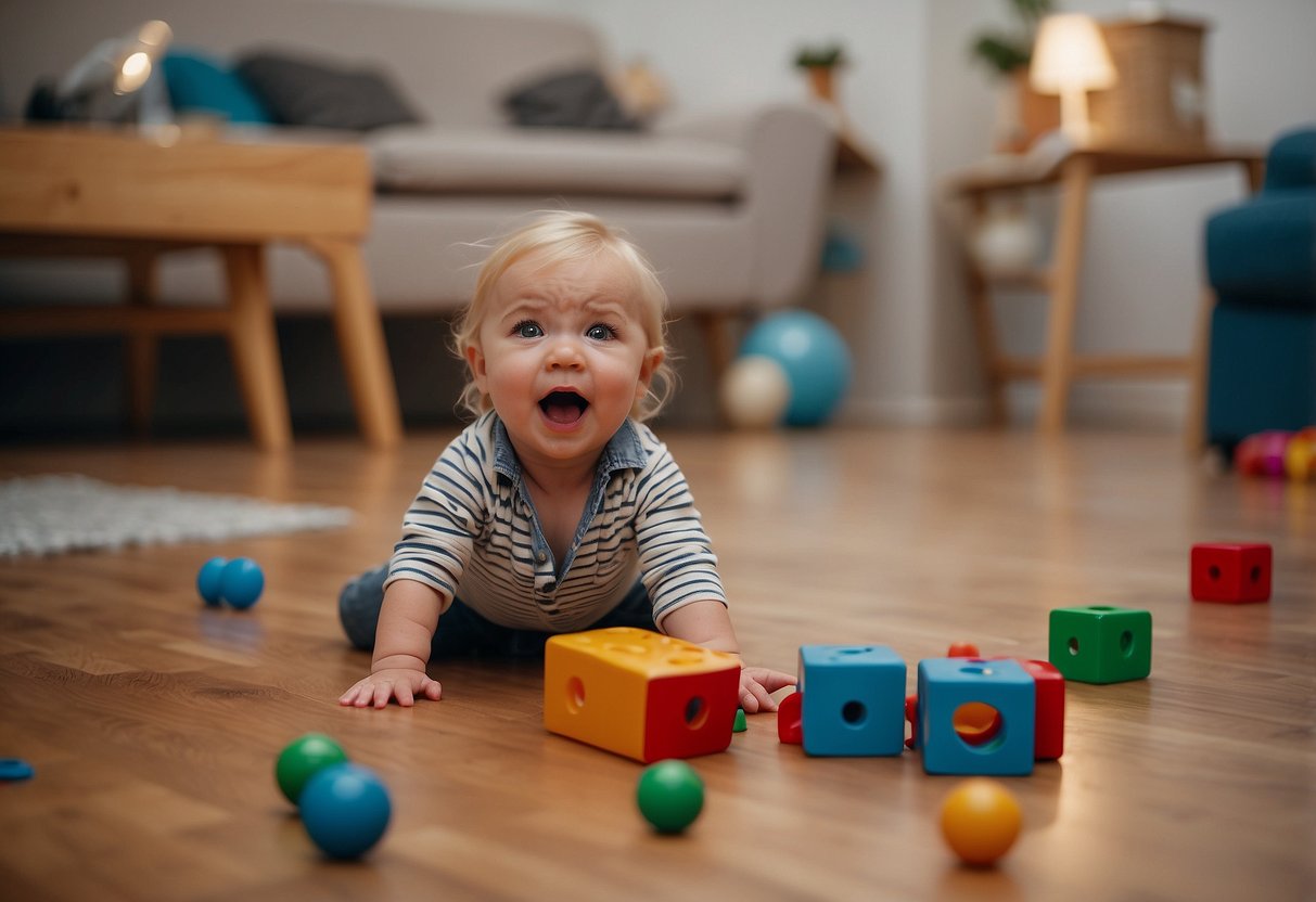 A toddler throws a tantrum, stomping and crying. Blocks and toys are scattered on the floor. A frustrated parent looks on