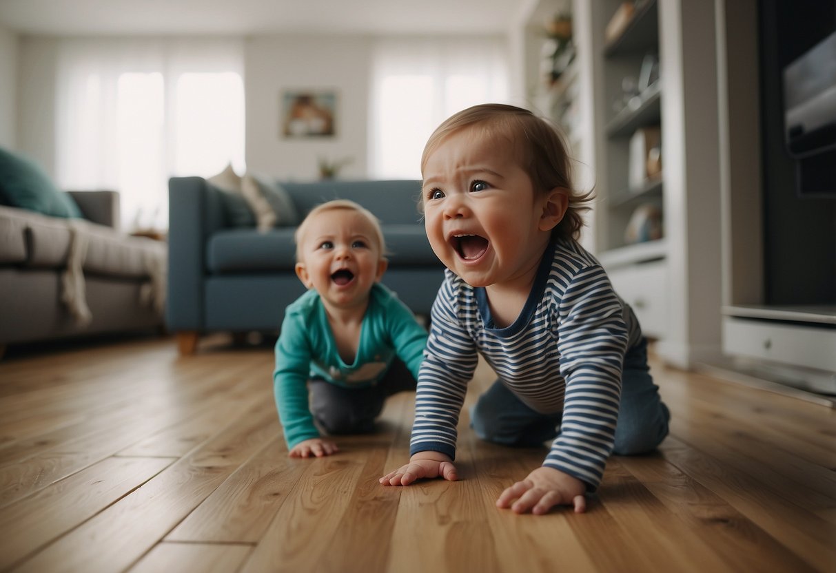 A 17-month-old throws a tantrum, kicking and screaming on the floor while a caregiver calmly and patiently tries to redirect the child's attention