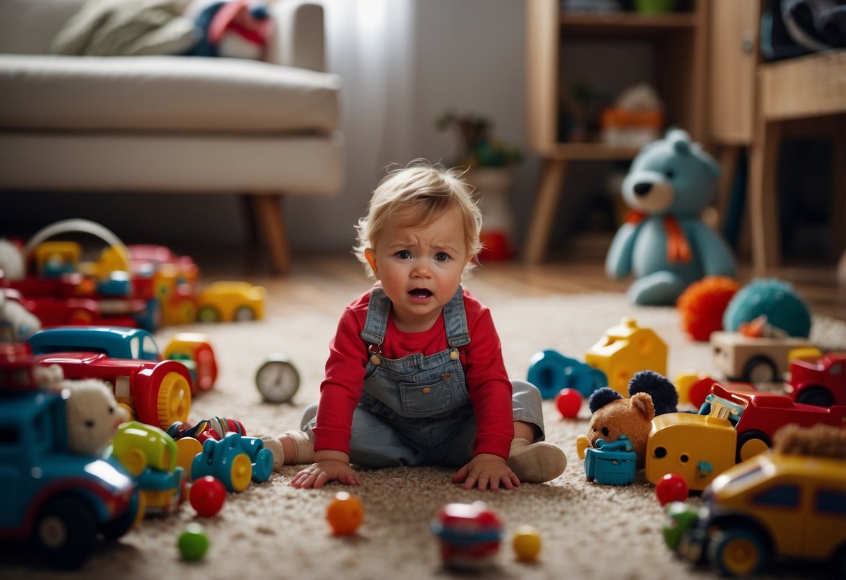 A toddler sits on the floor, red-faced and crying. Toys are scattered around the room as the child expresses frustration and anger