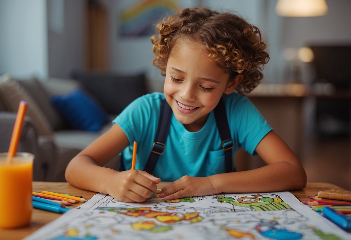 An 8-year-old happily fills a coloring book with vibrant hues