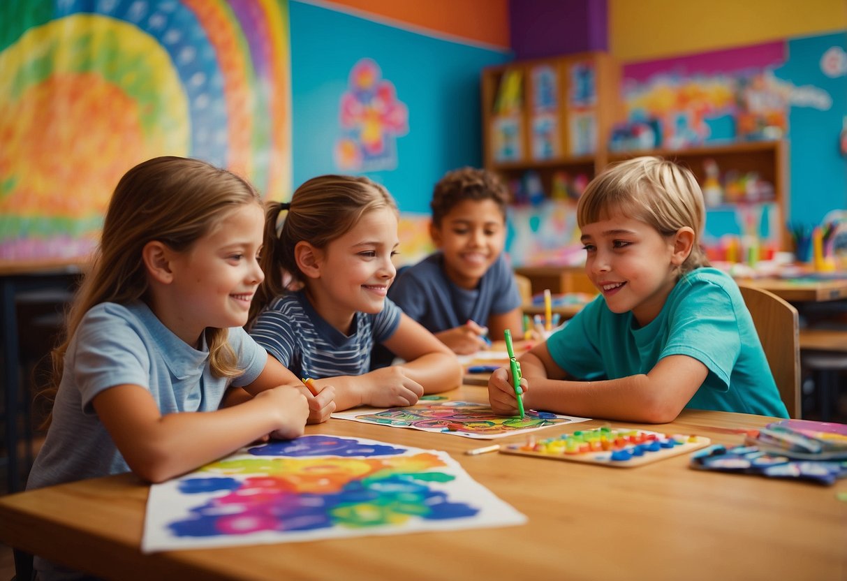 A group of 8-year-olds sit at a table, eagerly coloring with a variety of vibrant markers and crayons. The room is filled with bright, colorful artwork adorning the walls, showcasing their love for color