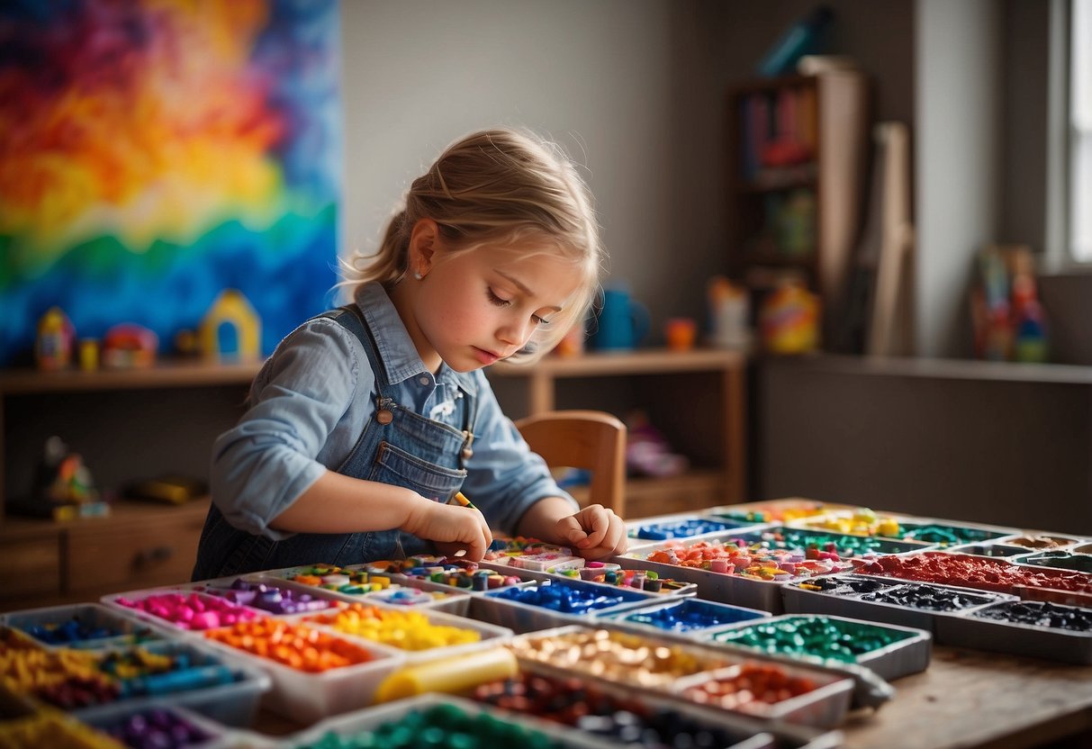 An 8-year-old surrounded by colorful markers, crayons, and paint, eagerly creating vibrant artwork on a large canvas