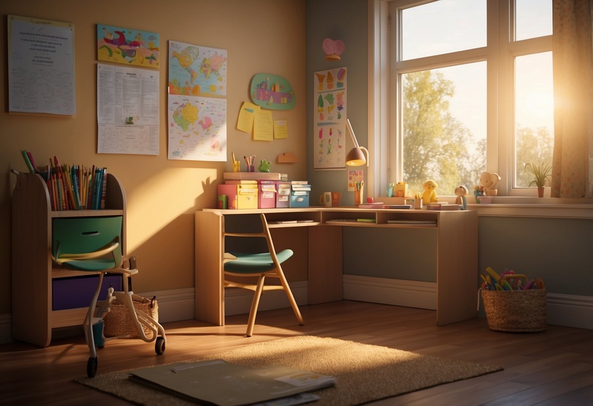 A child's desk with coloring supplies, scattered papers, and a completed coloring page pinned to the wall. Sunlight streams in through a window, casting a warm glow over the scene