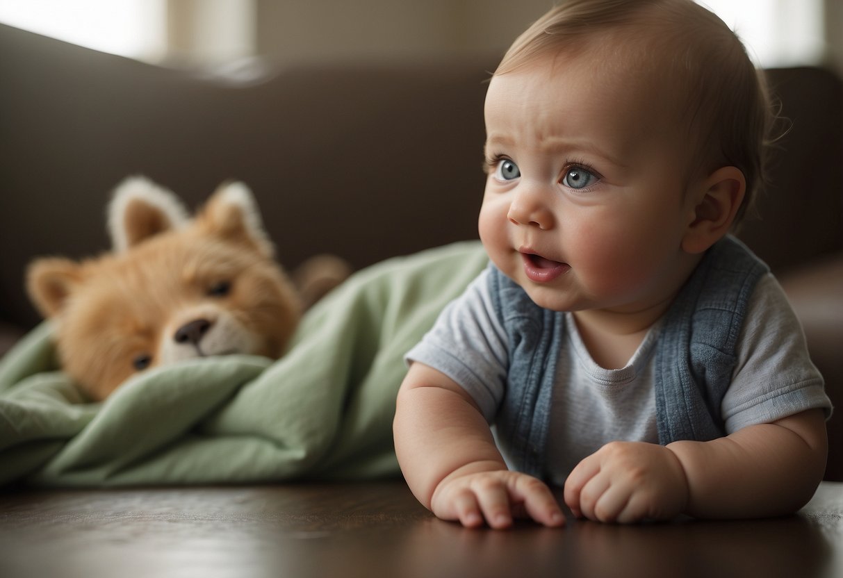 A 9-month-old reacts to their name being called with curiosity and recognition, turning their head and making eye contact with the source of the sound