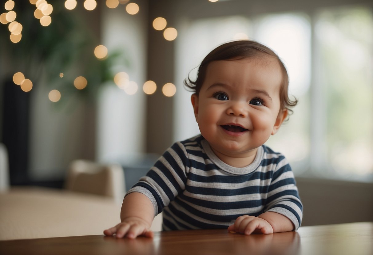 A 9-month-old baby responds to their name being called, turning their head and making eye contact with a smile