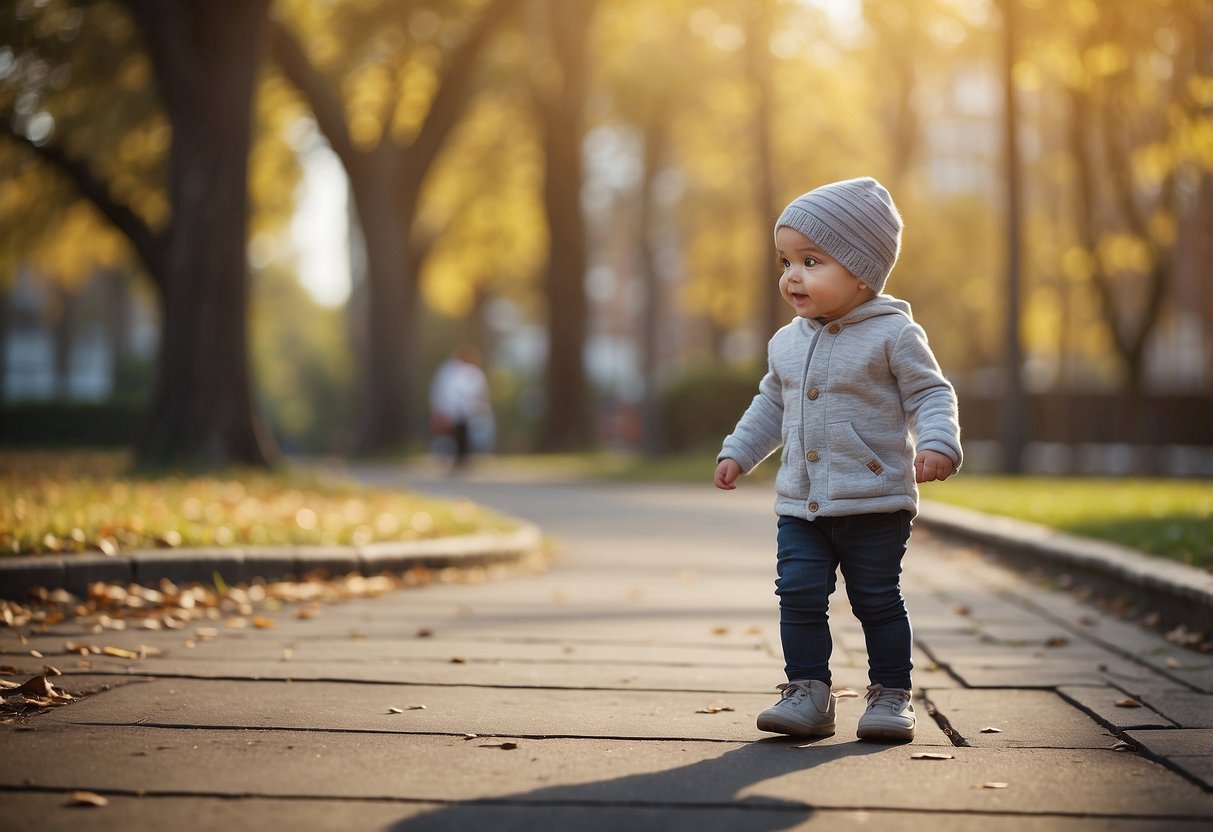 A young child is standing and taking steps, showing signs of early walking. Objects around encourage motor skills development