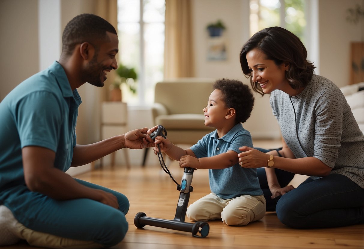 A group of caregivers and therapists engage with a young child, using various tools and techniques to encourage early walking and provide support for ADHD