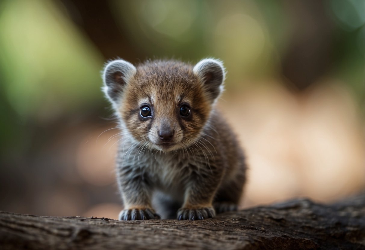 A baby animal peers around, searching for its mother with a pensive expression