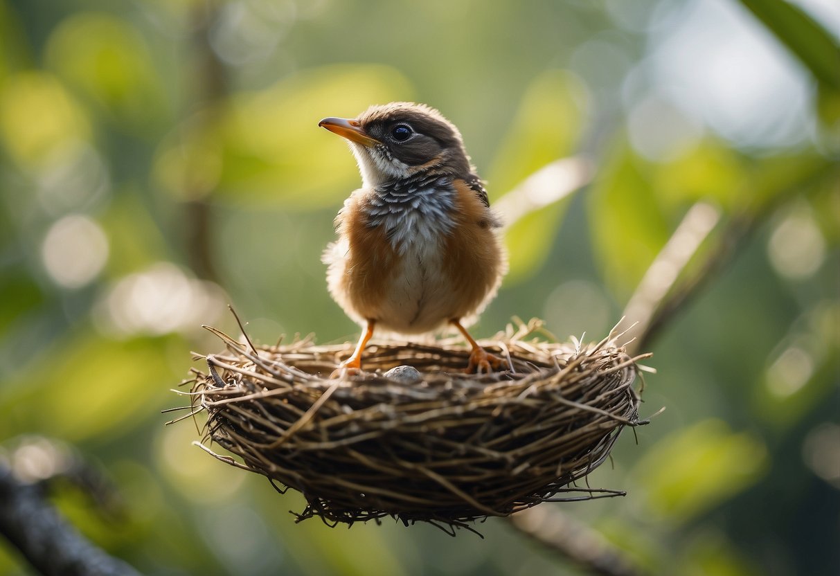 A baby bird leaves the nest, flapping its wings for the first time