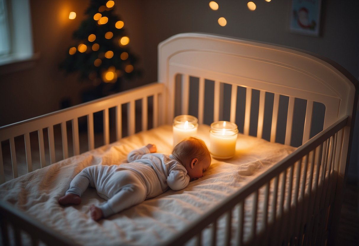 A baby's crib surrounded by a warm, comforting glow, with a subtle but palpable connection between the mother and child