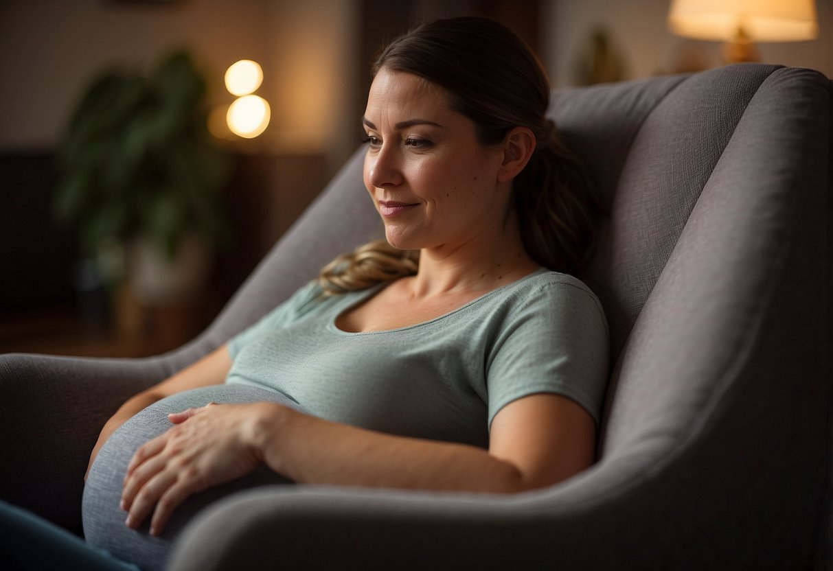 A pregnant woman sits in a cozy chair, cradling her belly with a thoughtful expression. A soft glow surrounds her, symbolizing the emotional connection between mother and baby