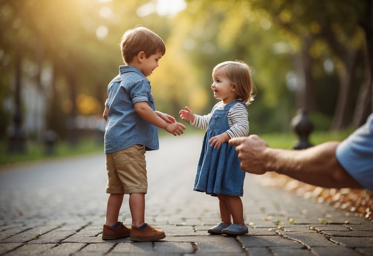 Children playfully point to a mom and dad figure, expressing preference