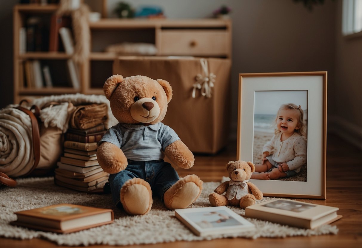 A child's toys and books are scattered on the floor, with a teddy bear next to a picture of both parents. A family photo album is open, showing moments with both mom and dad