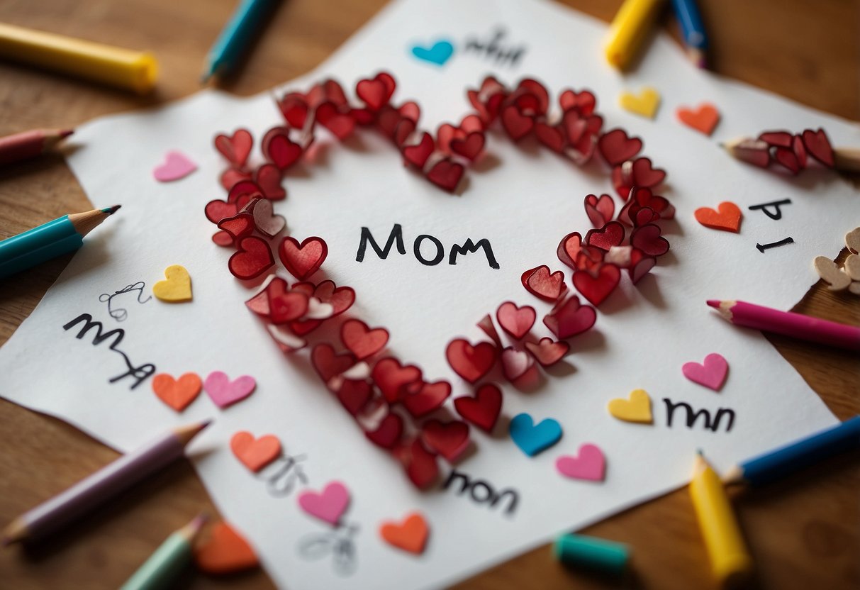 A child's drawing of a heart split in half, with one side labeled "Mom" and the other "Dad," surrounded by smaller hearts and question marks