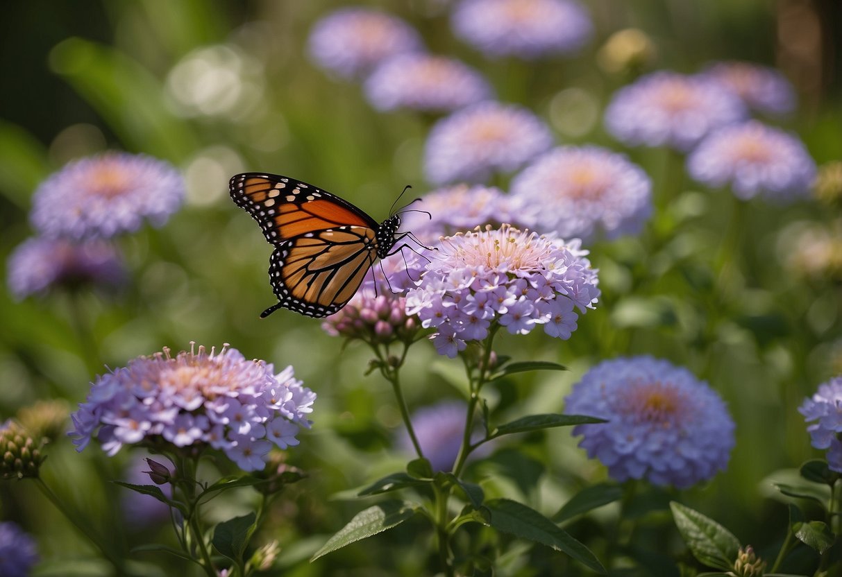 Beautiful flowers bloom and butterflies flutter around them, creating a serene and picturesque scene