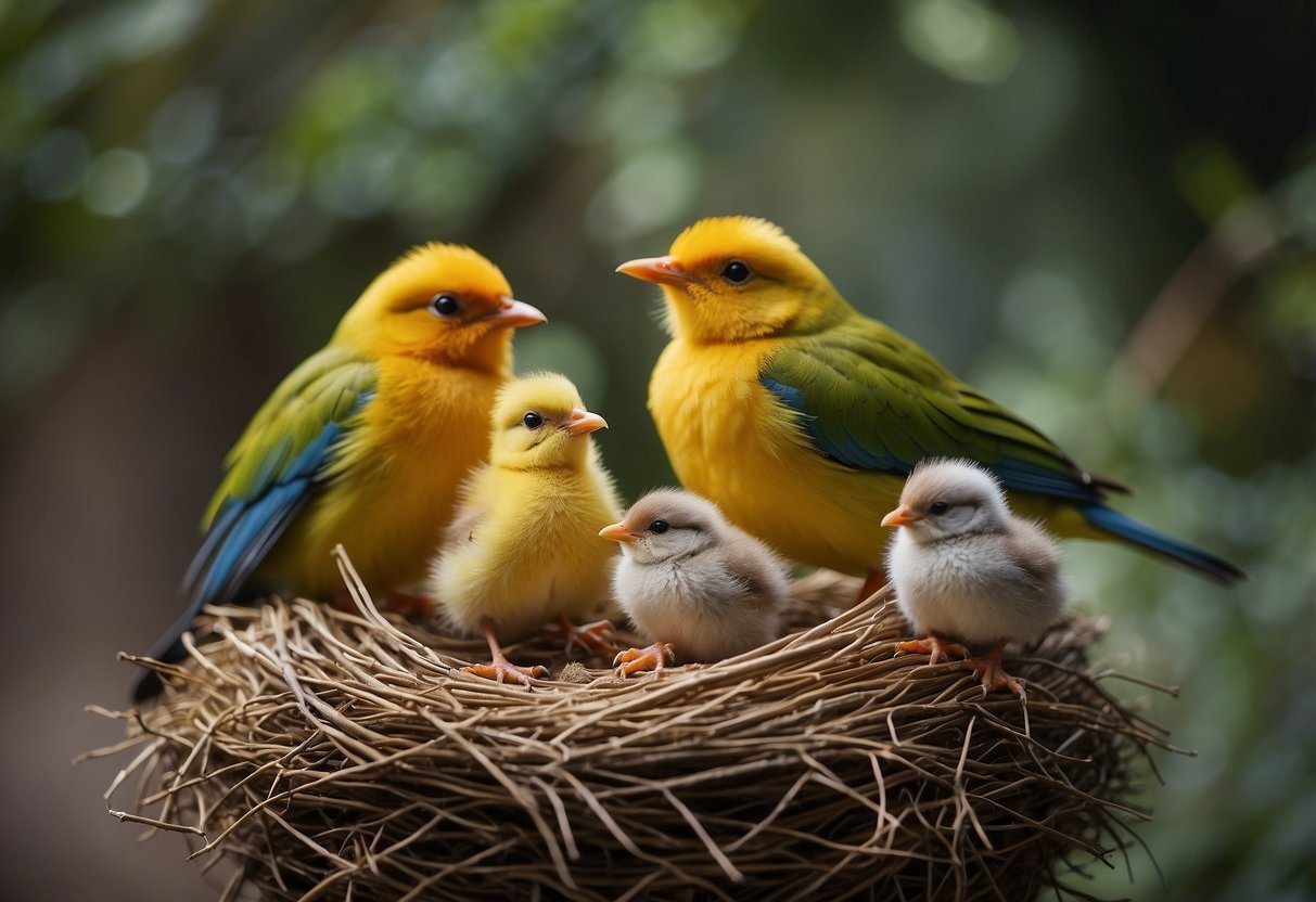 A group of colorful birds gather around a nest of vibrant, healthy chicks, displaying their feathers and singing to attract mates