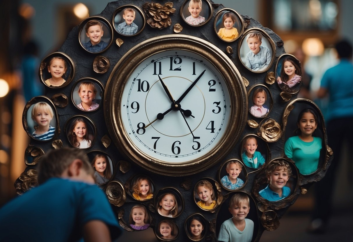 A clock with hands moving forward, surrounded by images of children growing up, and a person aging in the background