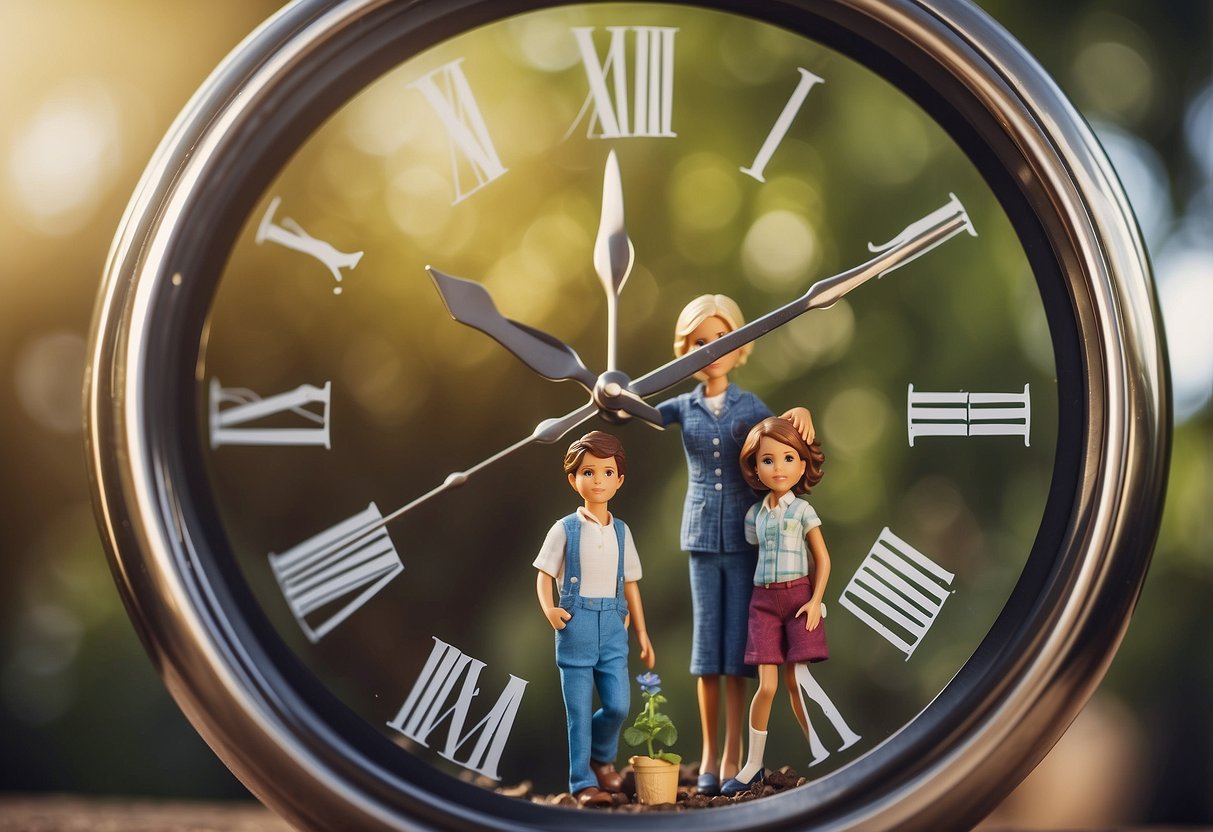 A clock with hands pointing to different stages of life, surrounded by images of children growing up, and parents aging