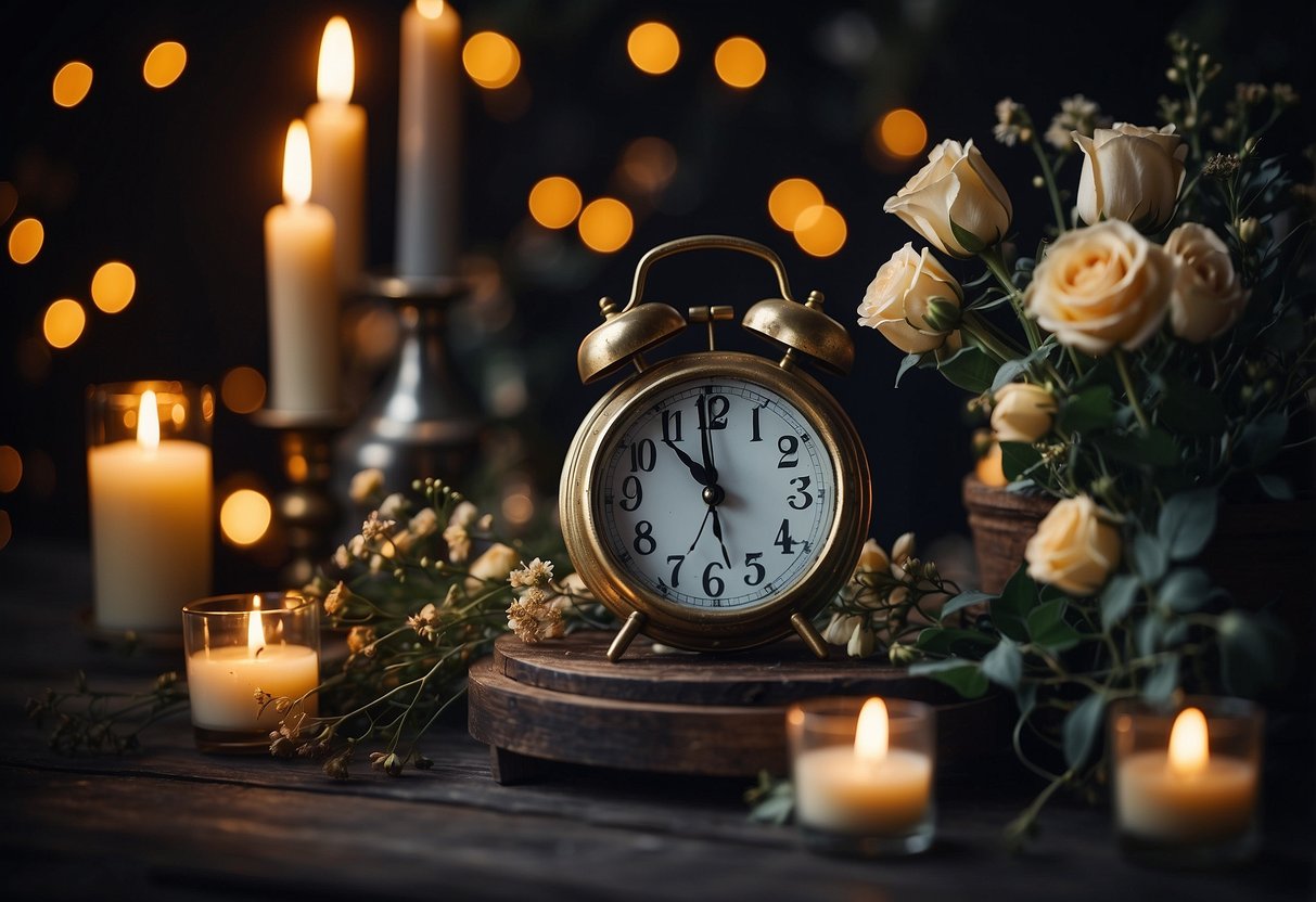A clock with its hands pointing to midnight, surrounded by wilted flowers and a single lit candle
