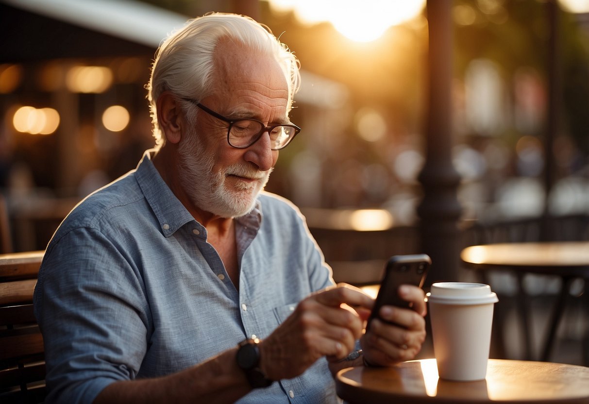 An older adult sits at a cafe, scrolling through a dating app on their phone. The sun sets in the background, casting a warm glow over the scene