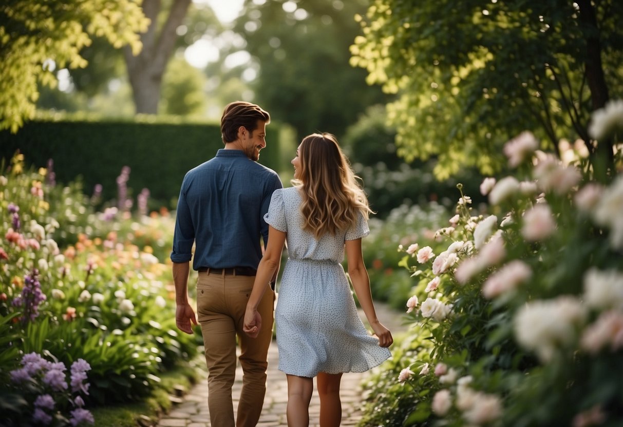 A couple walks in a serene garden, surrounded by blooming flowers and lush greenery. They are engaged in deep conversation, smiling and laughing as they enjoy each other's company