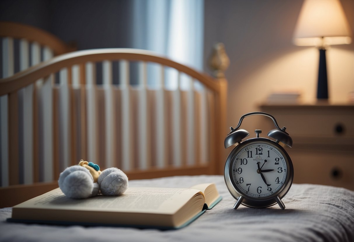 A baby's crib with a clock showing time passing, a pacifier on the floor, and a book on sleep training open to a page about self-soothing techniques