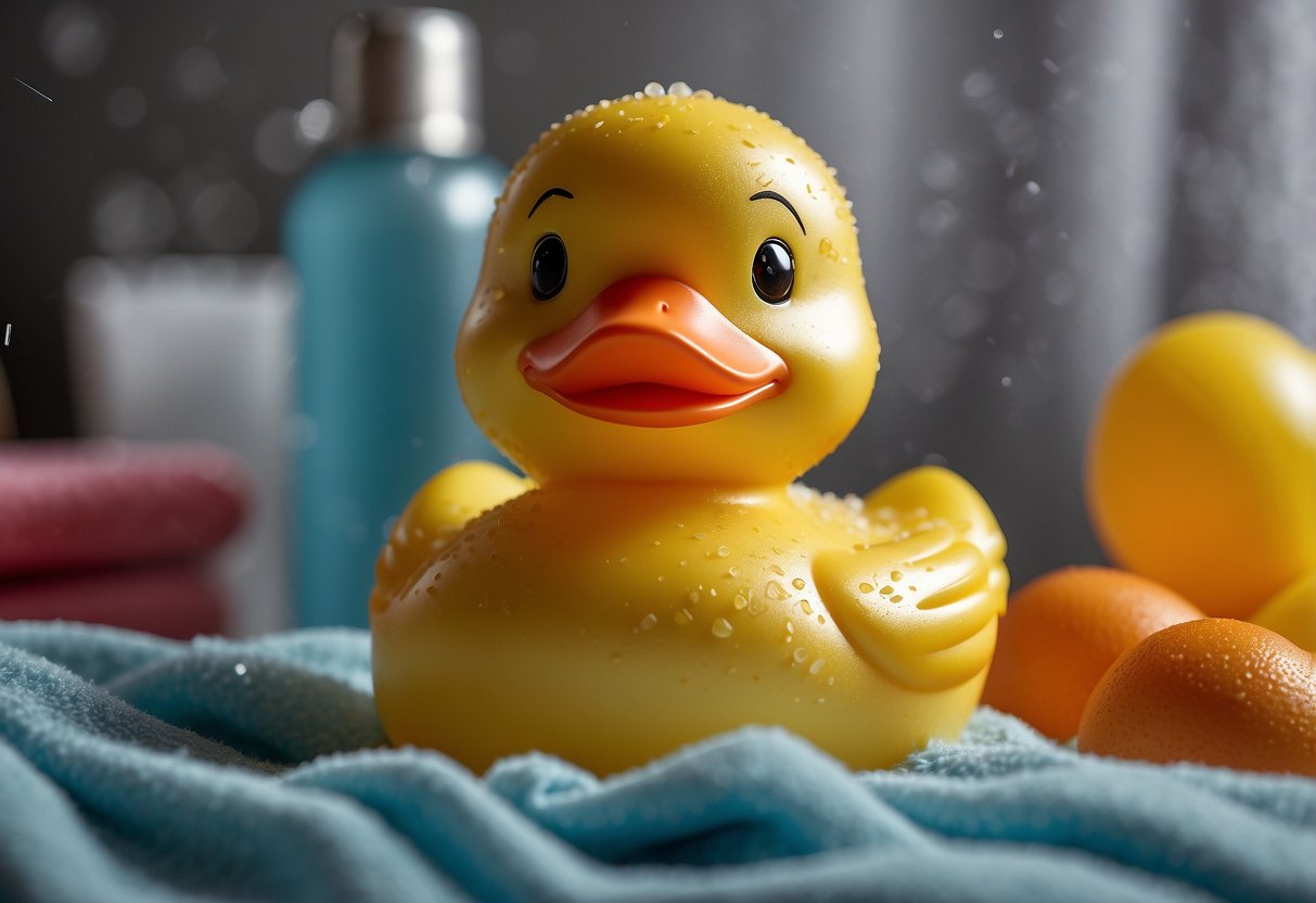 A baby's rubber duck sits untouched, surrounded by soap bubbles and a towel, as time passes without a bath