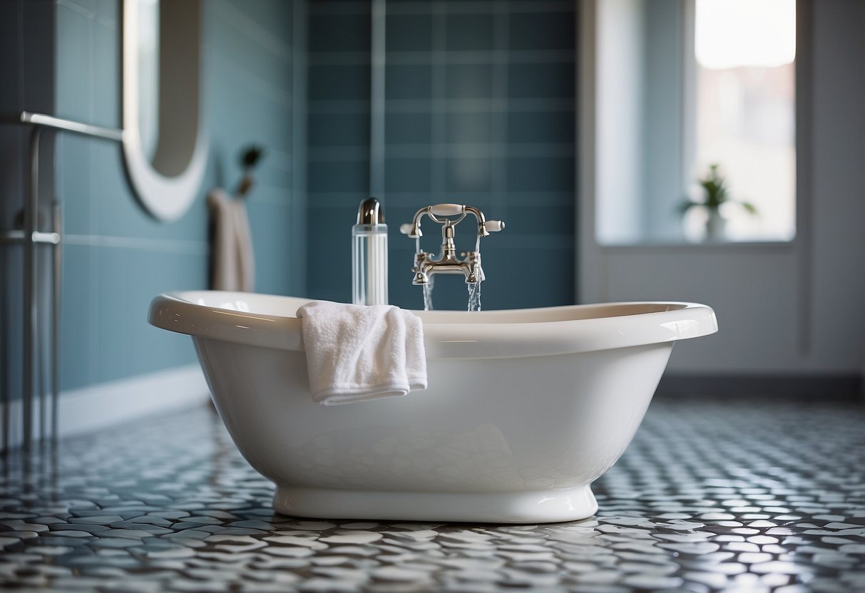 A baby bath sits empty on a clean, tiled floor. A fluffy towel and baby shampoo are placed nearby, ready for use