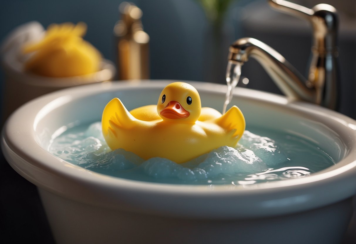 A baby's bath time: a rubber duck floats in a tub of warm water, a towel hangs nearby, and baby shampoo and soap sit on the edge