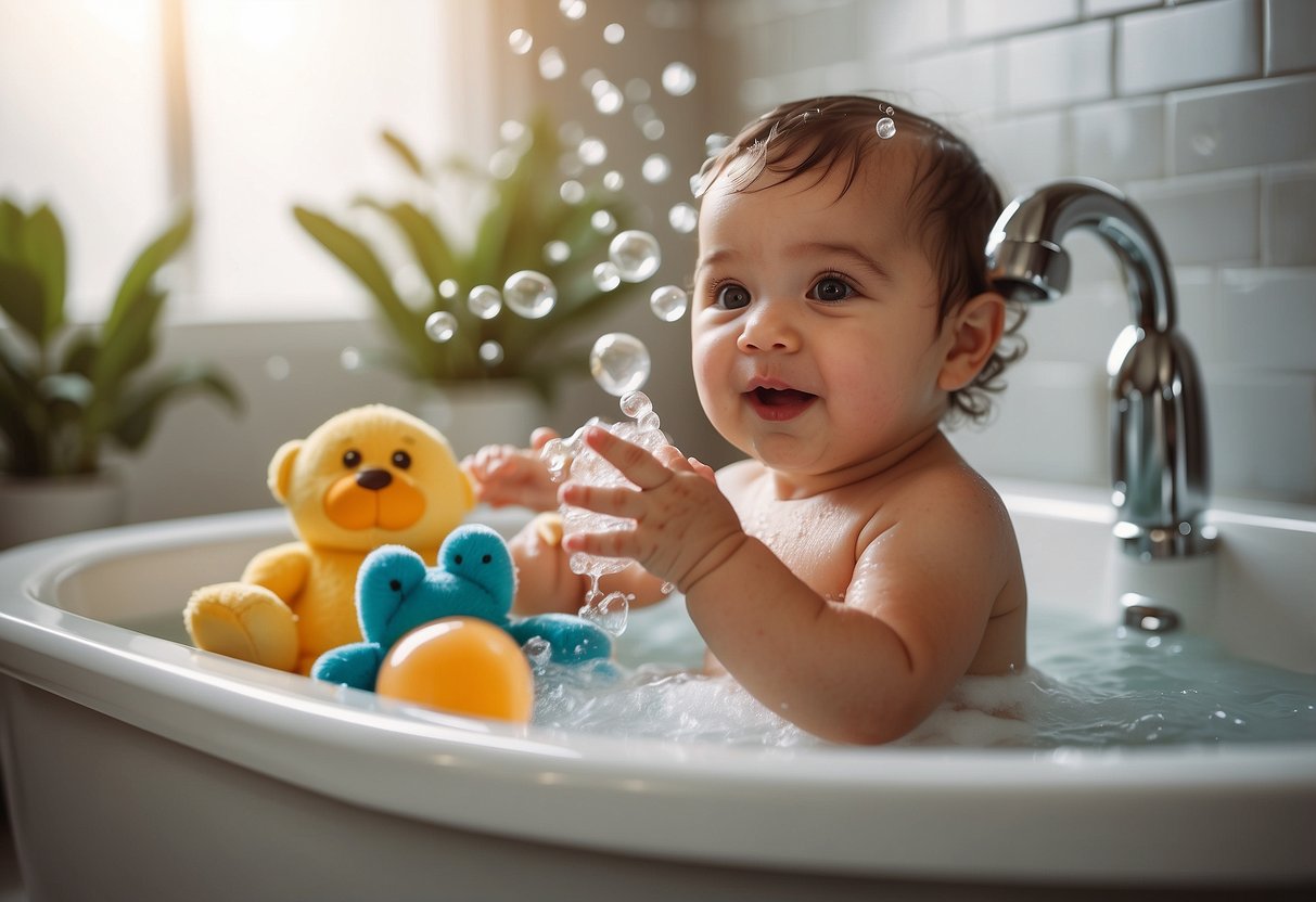 A baby's bath time routine, with toys and bubbles, in a cozy bathroom setting