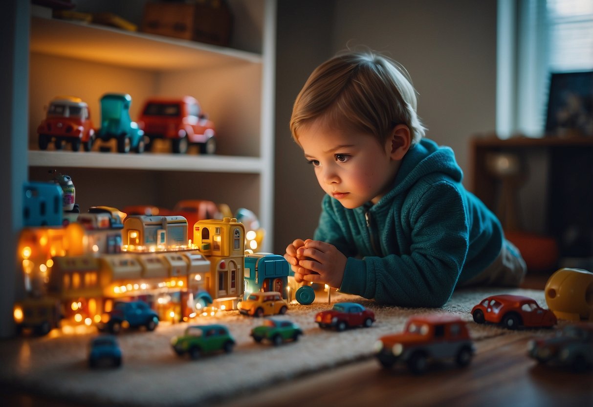 A young child exploring a safe and familiar environment, engaging with toys and objects, while periodically glancing back for reassurance from a nearby caregiver