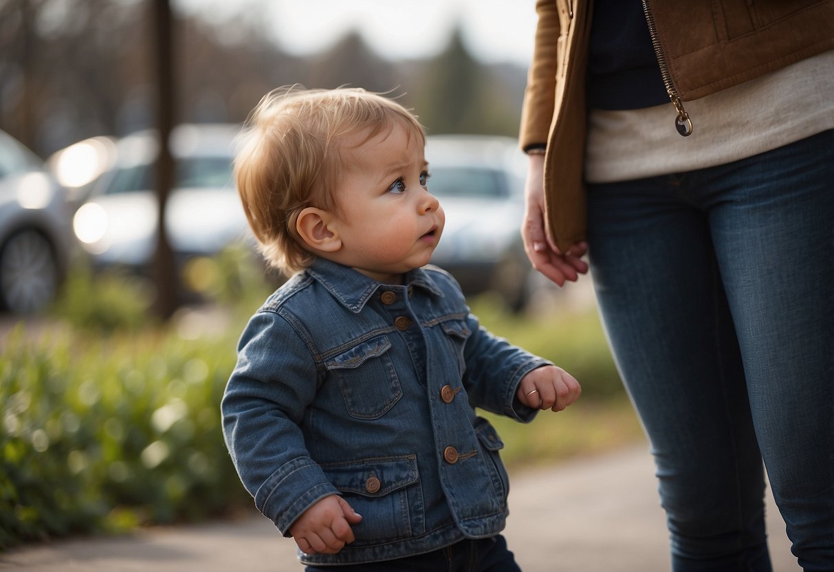 A 2-year-old stands alone, looking around anxiously in a unfamiliar environment, reaching out for his mother who is nowhere to be seen