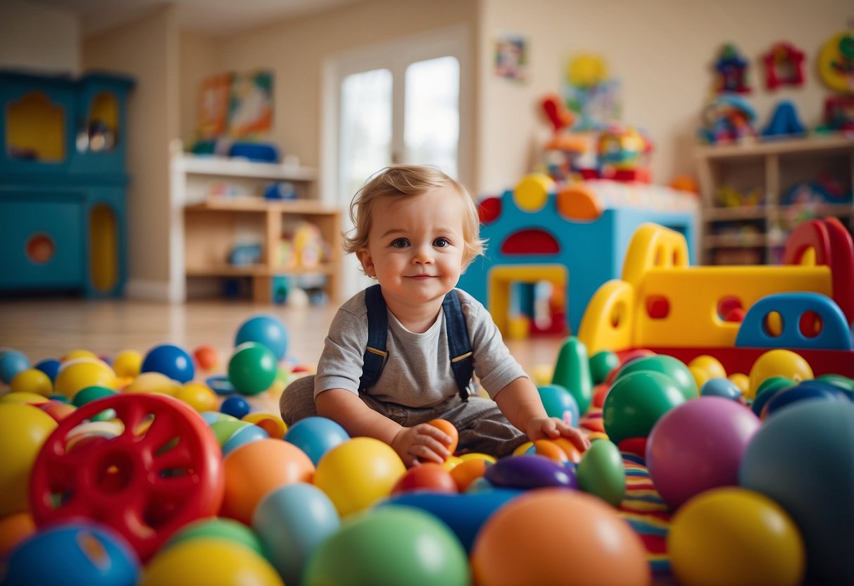 A 2-year-old explores a colorful playroom filled with toys and books. A nurturing caregiver interacts with the child, providing support and resources for learning and development