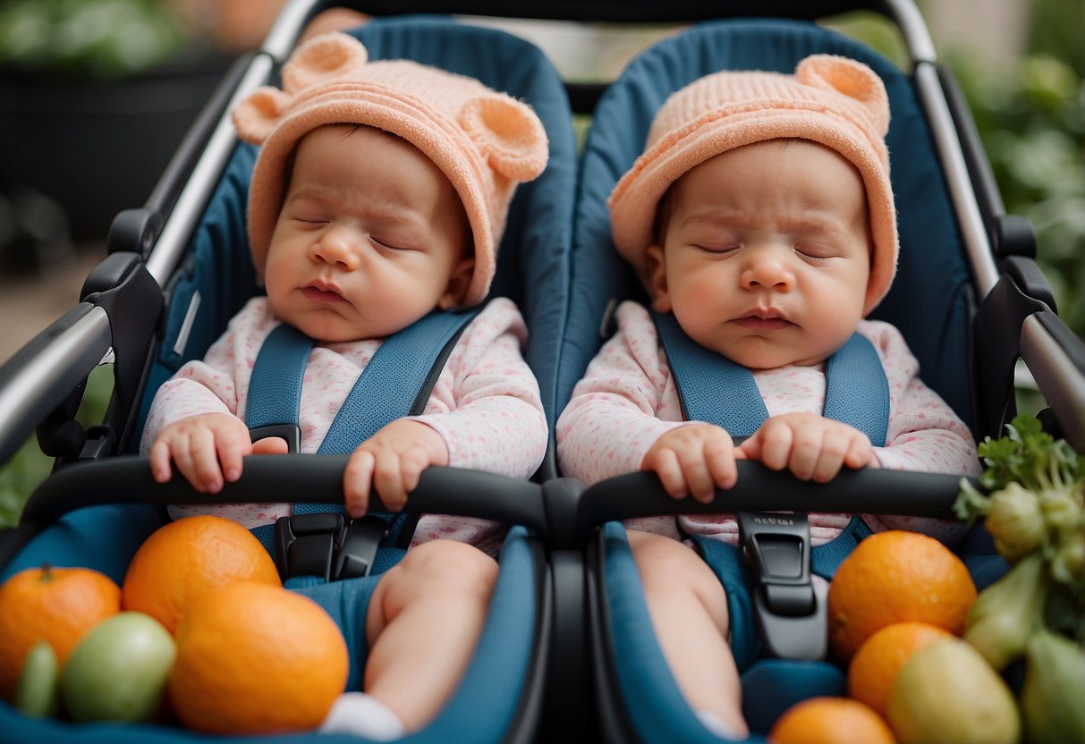 Newborn twins sleeping in a double stroller, surrounded by fresh fruits, vegetables, and exercise equipment