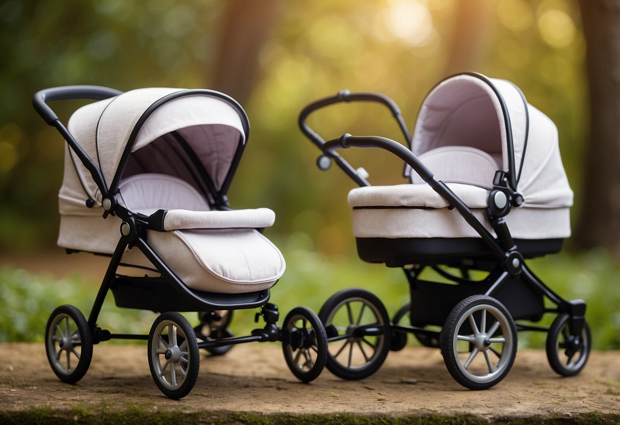 Two baby carriages side by side, each with a pair of newborn baby dolls inside. A scale nearby shows a significant weight loss