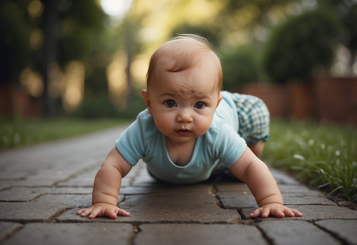 A baby, 11 months old, attempts to crawl but struggles to move forward