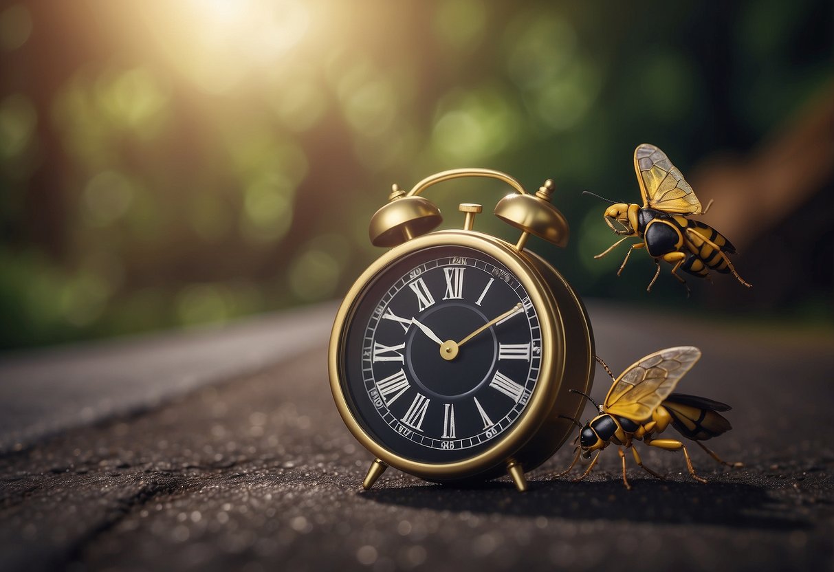 A clock showing 11 months behind schedule, with a crawling insect moving slowly towards a finish line